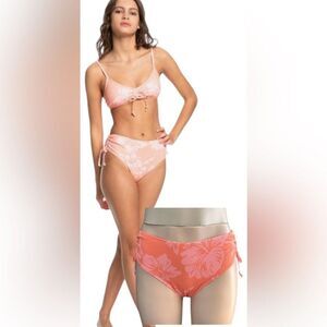 Quiksilver Coral Floral High Waist Ruched Side Bikini Swim Bottoms Size Large